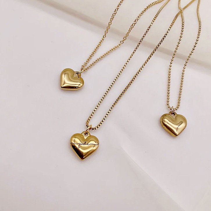 Mini Puffed Heart Necklace Puffy Chunky Gold Stainless Steel 3D Heart Jewelry Dainty Customized Personalized Gift by Pinkpig - HC-SH