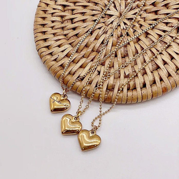 Mini Puffed Heart Necklace Puffy Chunky Gold Stainless Steel 3D Heart Jewelry Dainty Customized Personalized Gift by Pinkpig - HC-SH