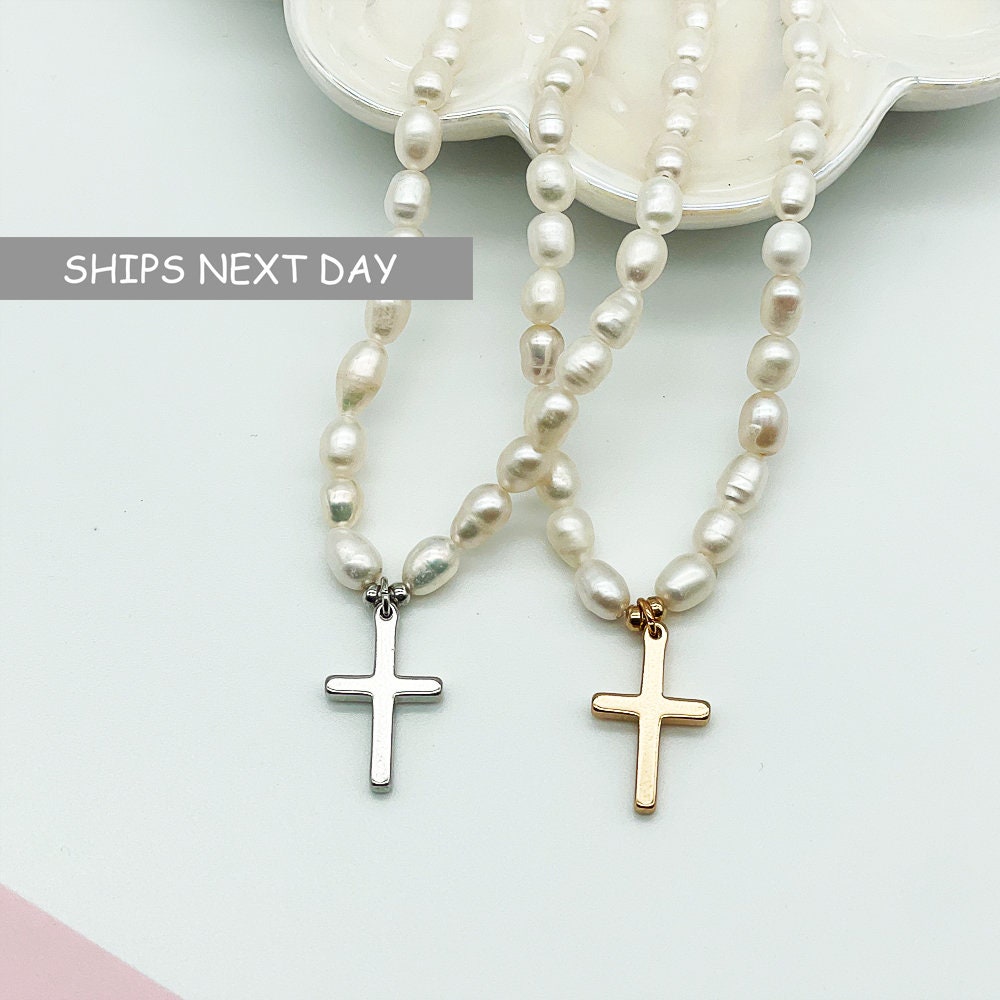 Freshwater Pearl Cross Necklace, Cross Necklace, Religious Gift, Silver Gold Pendant Cross Necklace, Necklace for Women by Pink Pig NE-501