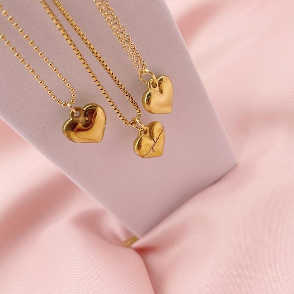 Mini Puffed Heart Necklace Puffy Chunky Gold Stainless Steel 3D Heart Jewelry Dainty Customized Personalized Gift by Pinkpig - HC-SH