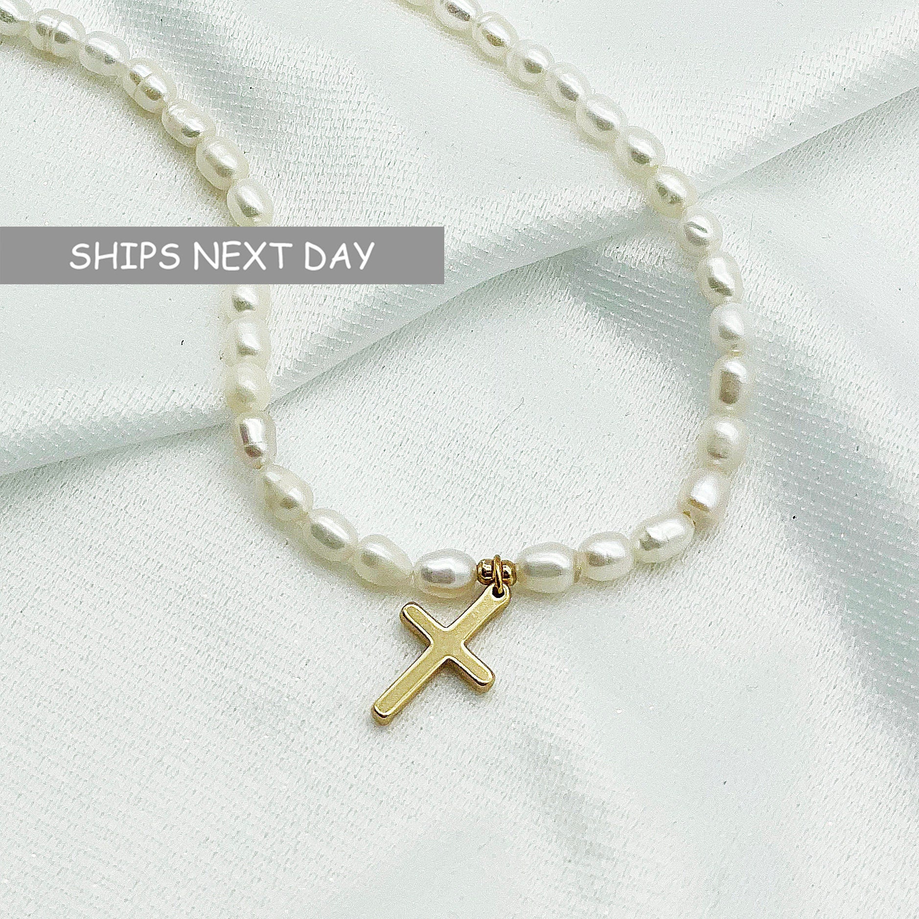 Freshwater Pearl Cross Necklace, Cross Necklace, Religious Gift, Silver Gold Pendant Cross Necklace, Necklace for Women by Pink Pig NE-501