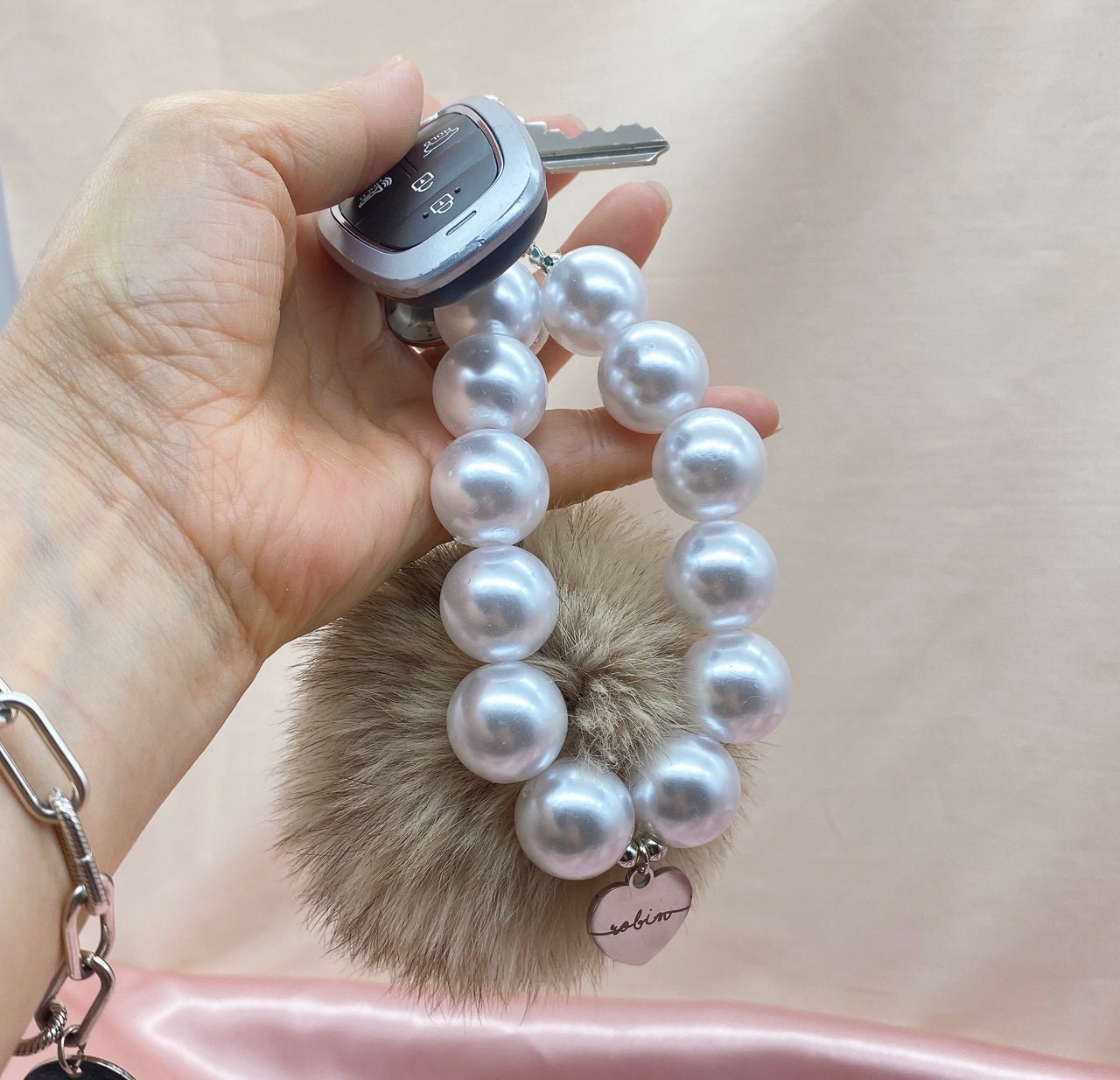 Cute Simple Pearl Keychain Lanyard, Crochet Accessory, Unique Car Accessory, Gift for Her, New Car Gift, AirPod Keychain by Pinkpig PK-201