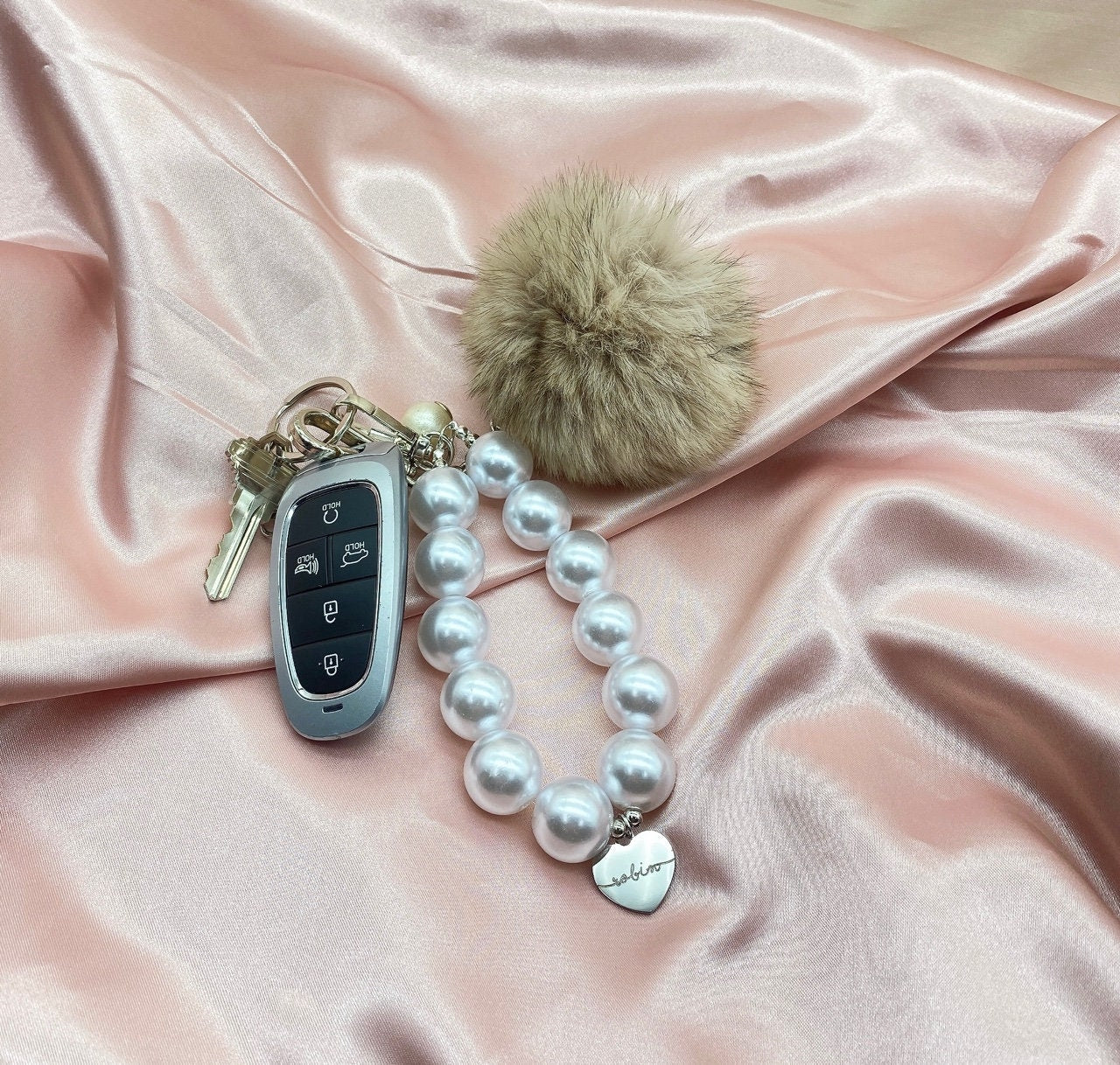 Cute Simple Pearl Keychain Lanyard, Crochet Accessory, Unique Car Accessory, Gift for Her, New Car Gift, AirPod Keychain by Pinkpig PK-201