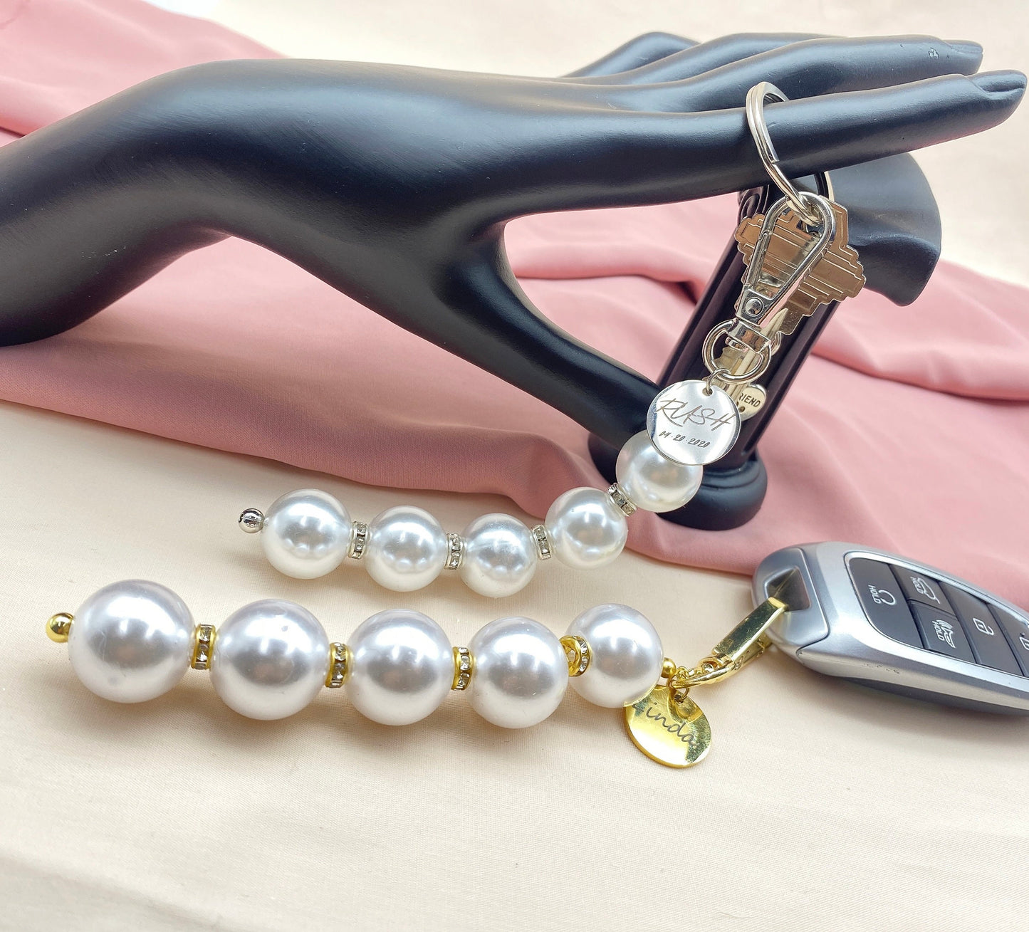 Crystal Pearl CZ Keyring, Pearl Keychain, Pearl Phone Charm, Pearl Strap Holder, Gold/Silver Keychain Accessories by Pinkpig PK-302