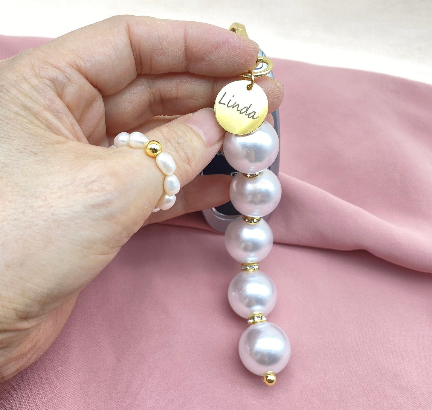 Crystal Pearl CZ Keyring, Pearl Keychain, Pearl Phone Charm, Pearl Strap Holder, Gold/Silver Keychain Accessories by Pinkpig PK-302