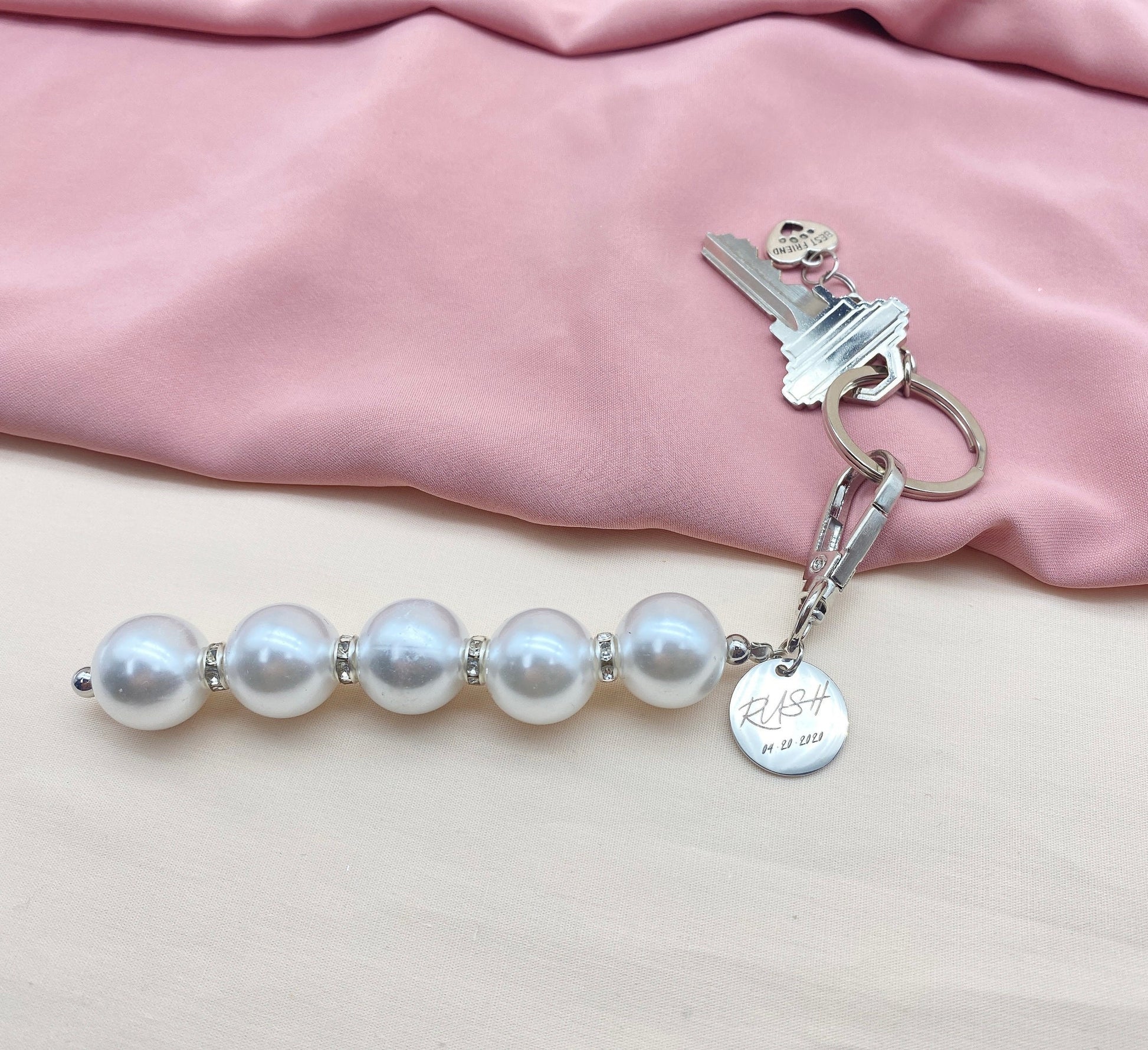 Crystal Pearl CZ Keyring, Pearl Keychain, Pearl Phone Charm, Pearl Strap Holder, Gold/Silver Keychain Accessories by Pinkpig PK-302