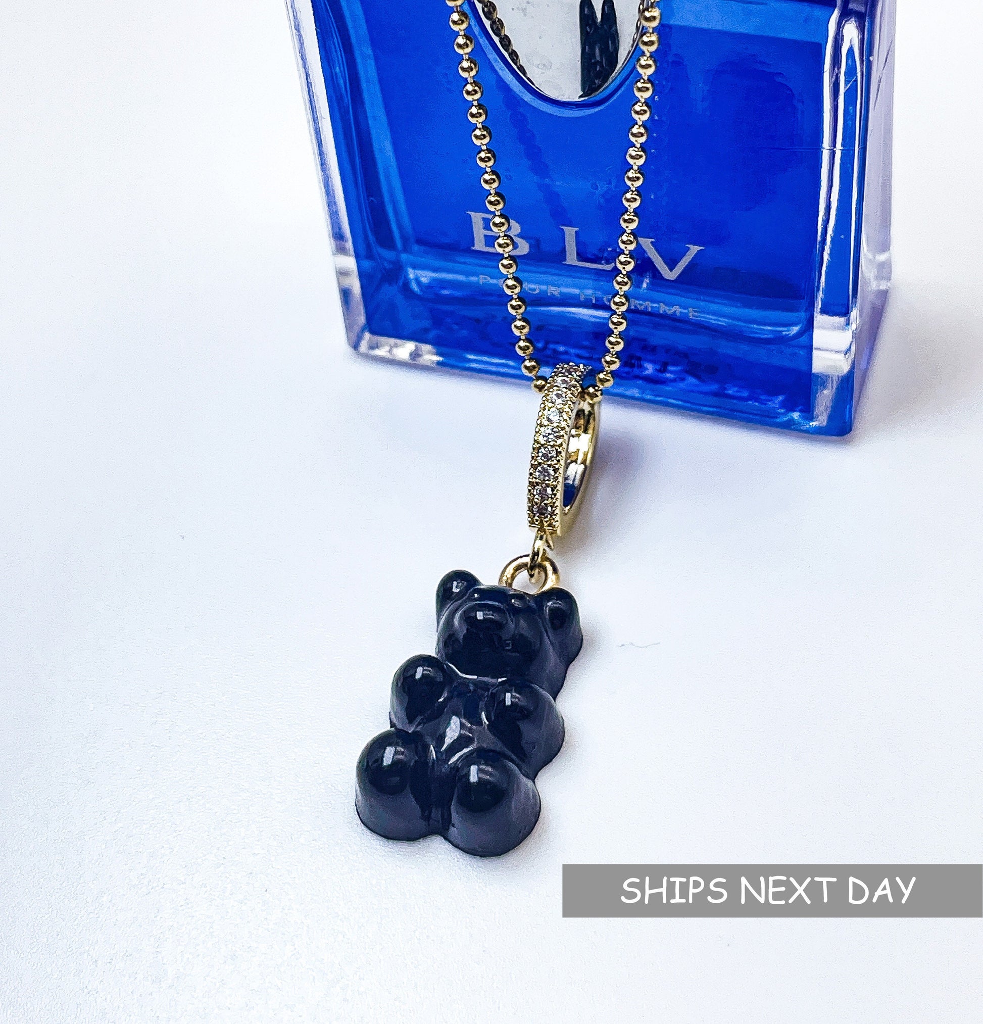 Gummy Bear Necklace Black Solid Teddy Bear Pendant Necklace, Dainty Pearl Necklace Gift for her Y2K style Jewelry by Pinkpig-BE-101