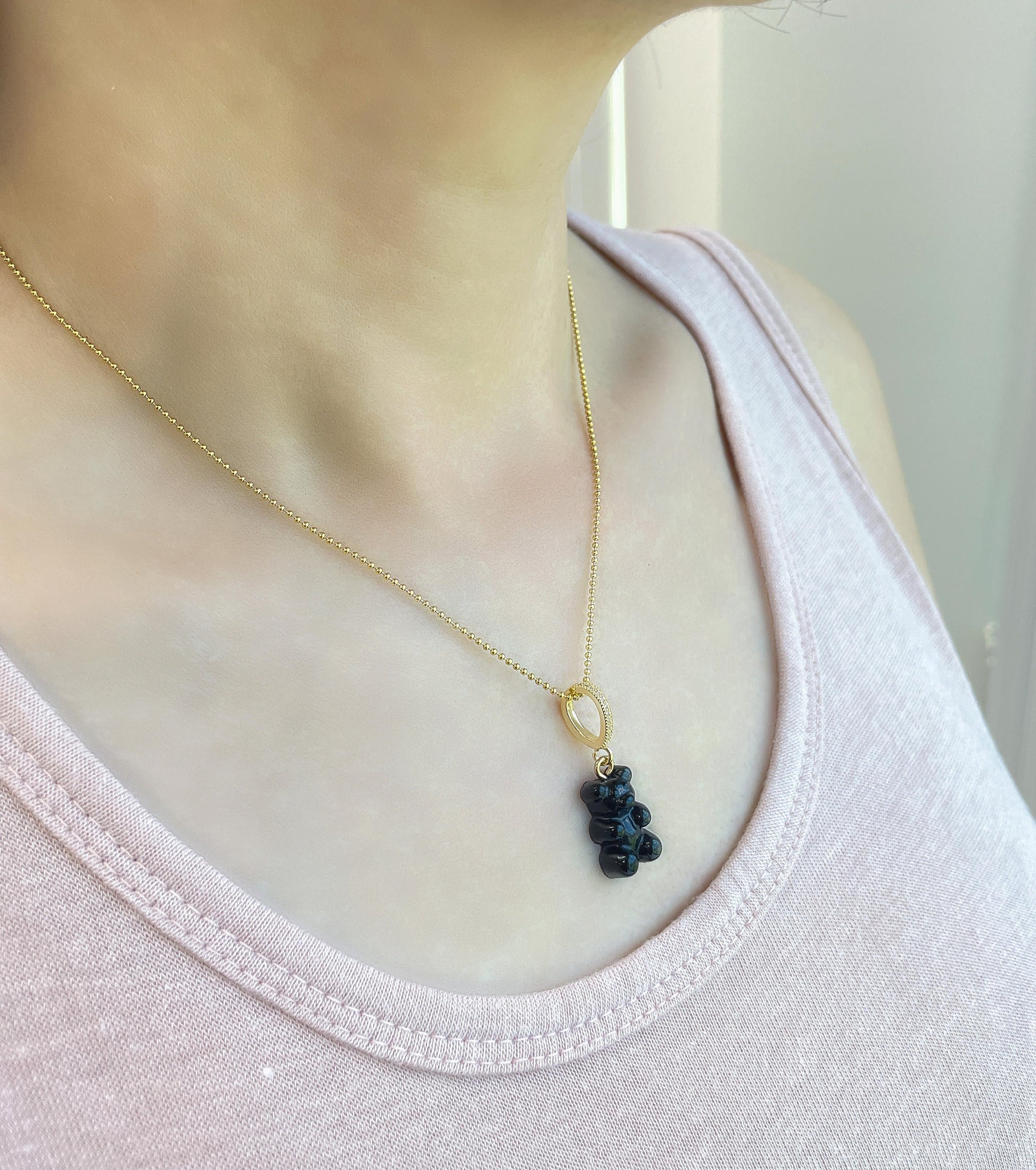 Gummy Bear Necklace Black Solid Teddy Bear Pendant Necklace, Dainty Pearl Necklace Gift for her Y2K style Jewelry by Pinkpig-BE-101