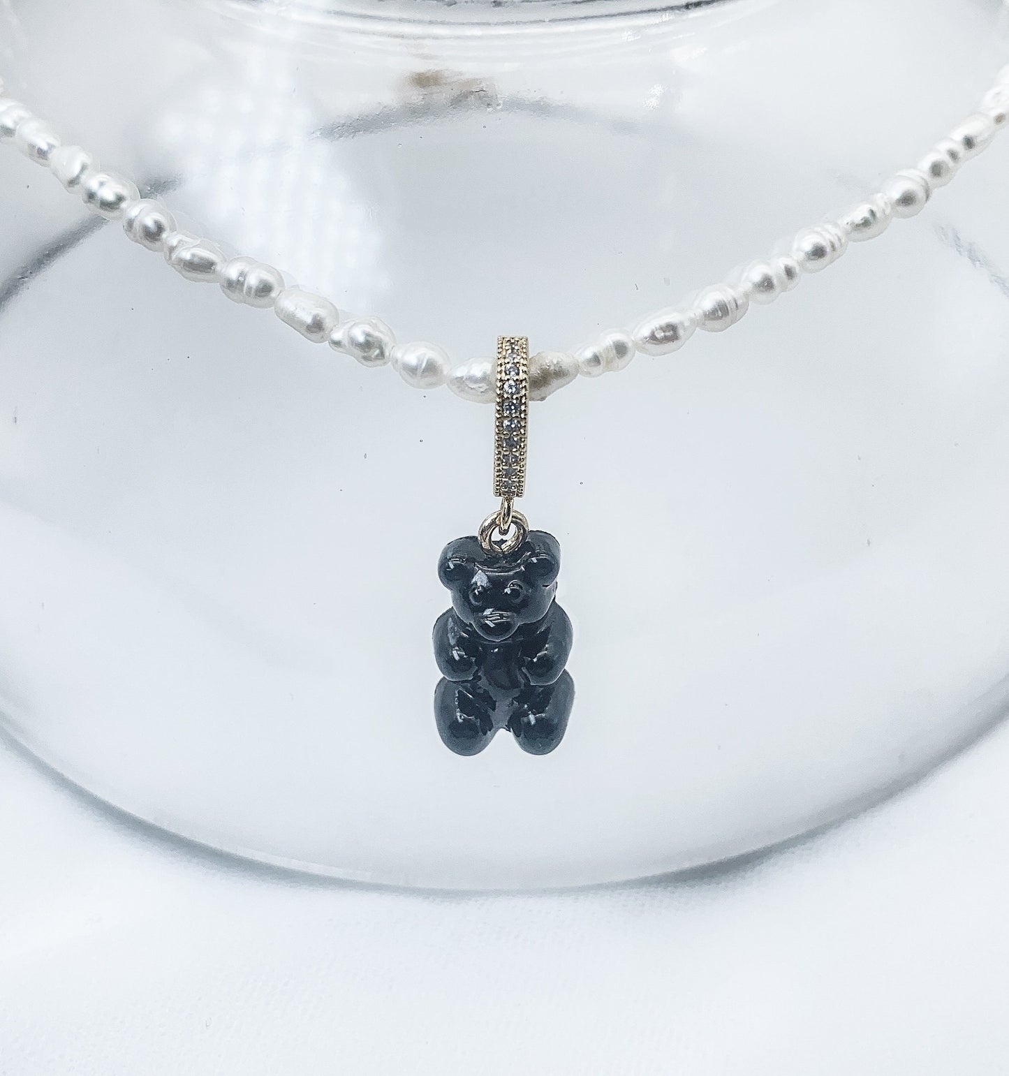 Teddy Bear Necklace Black Solid Gummy Bear Pendant Necklace, Dainty Pearl Necklace Gift for her Y2K style Jewelry by Pinkpig-BE-202