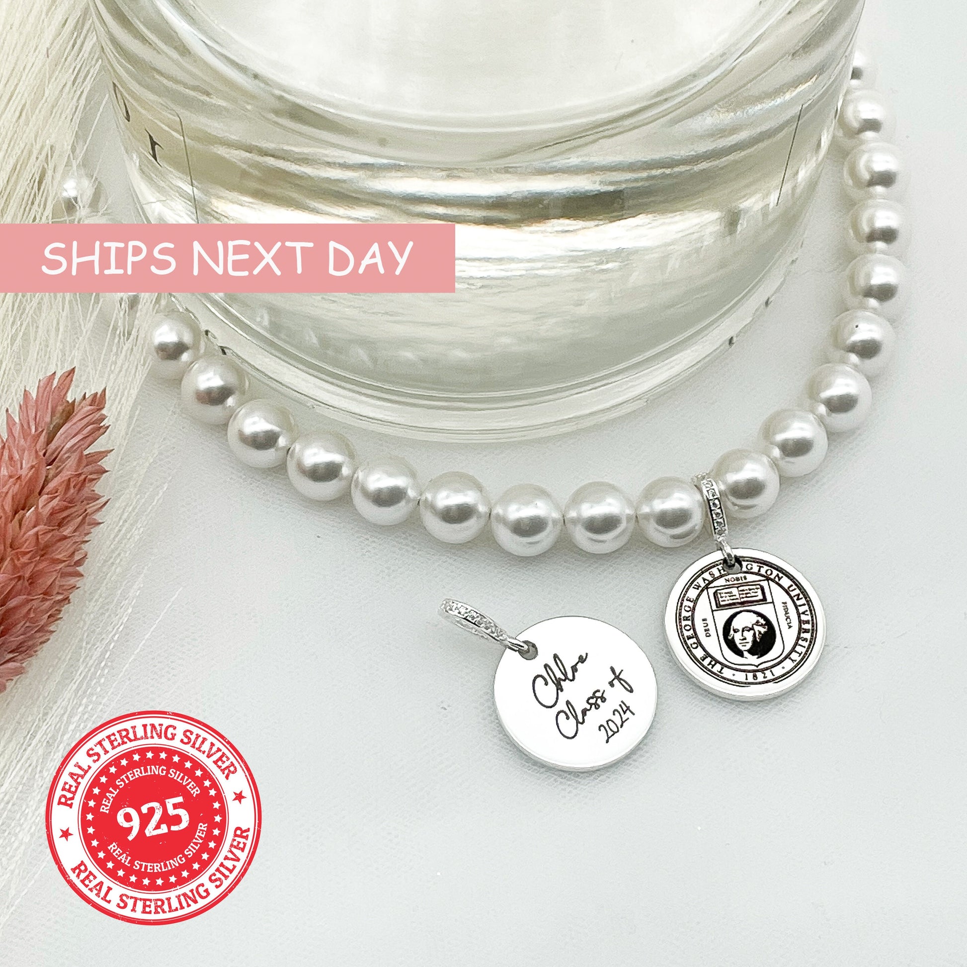 Custom Sterling Silver Coin Charm, Personalized Graduation Gift Engraved Coin Charm Swarovski with Pearl Necklace SPN-103