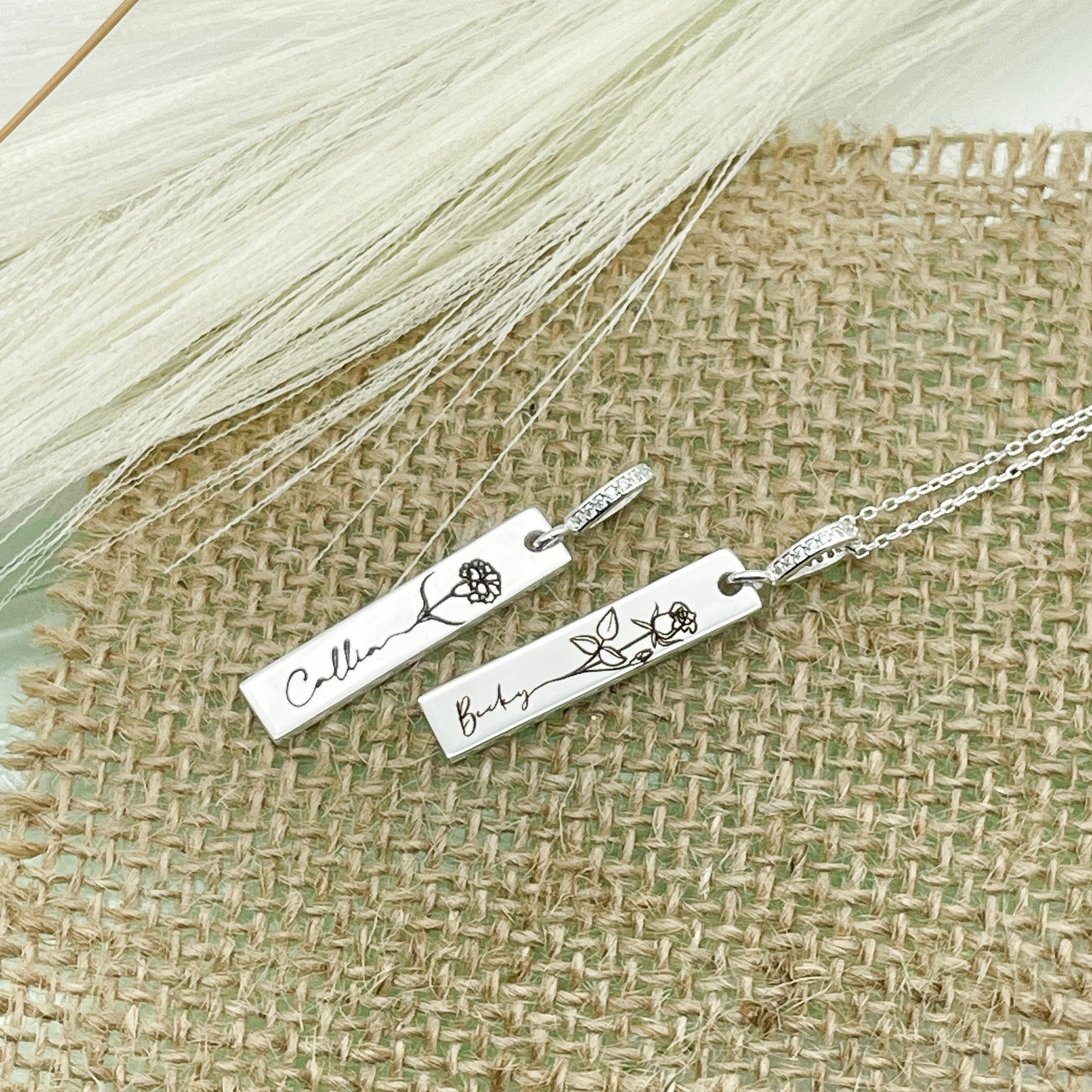 Custom Sterling Silver Square Charm, Personalized Birth Flower Engraved Charm with Sterling Silver Necklace.