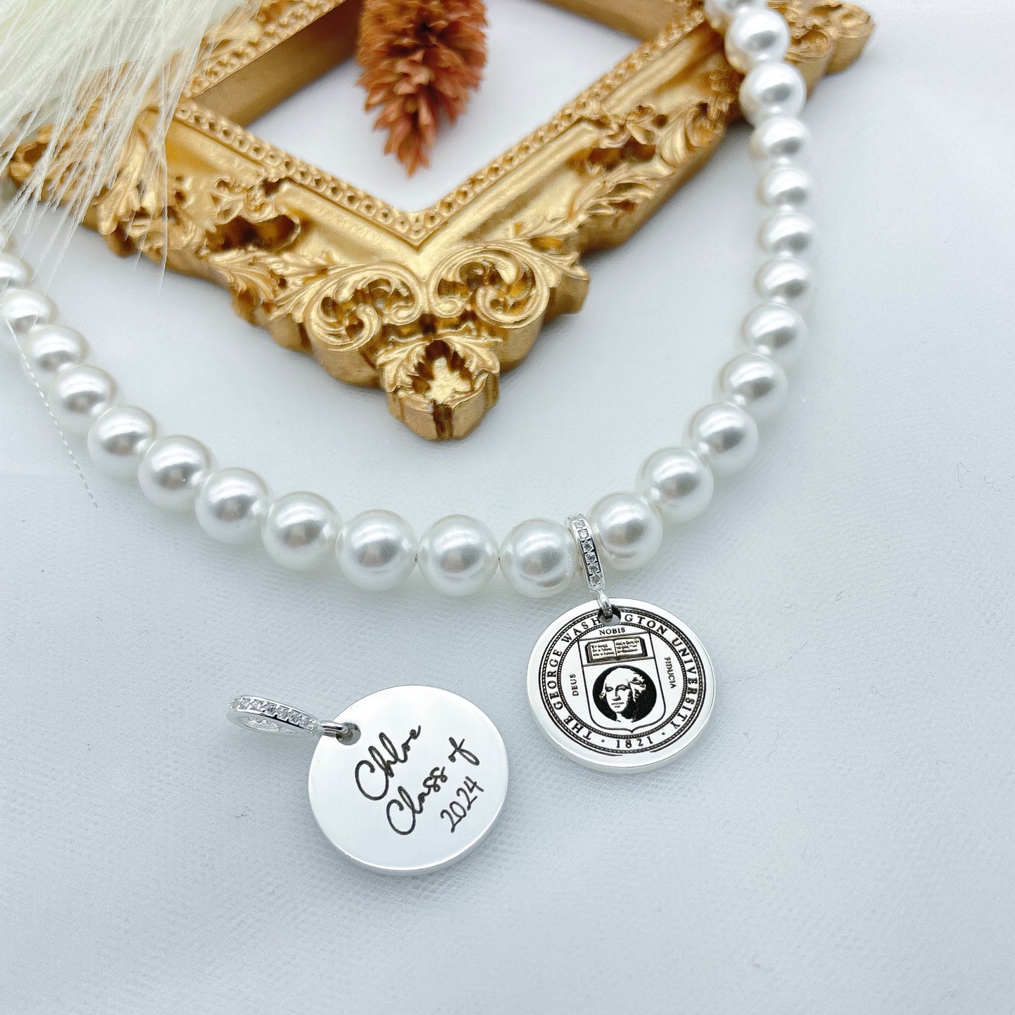 Custom Sterling Silver Coin Charm, Personalized Graduation Gift Engraved Coin Charm Swarovski with Pearl Necklace SPN-103