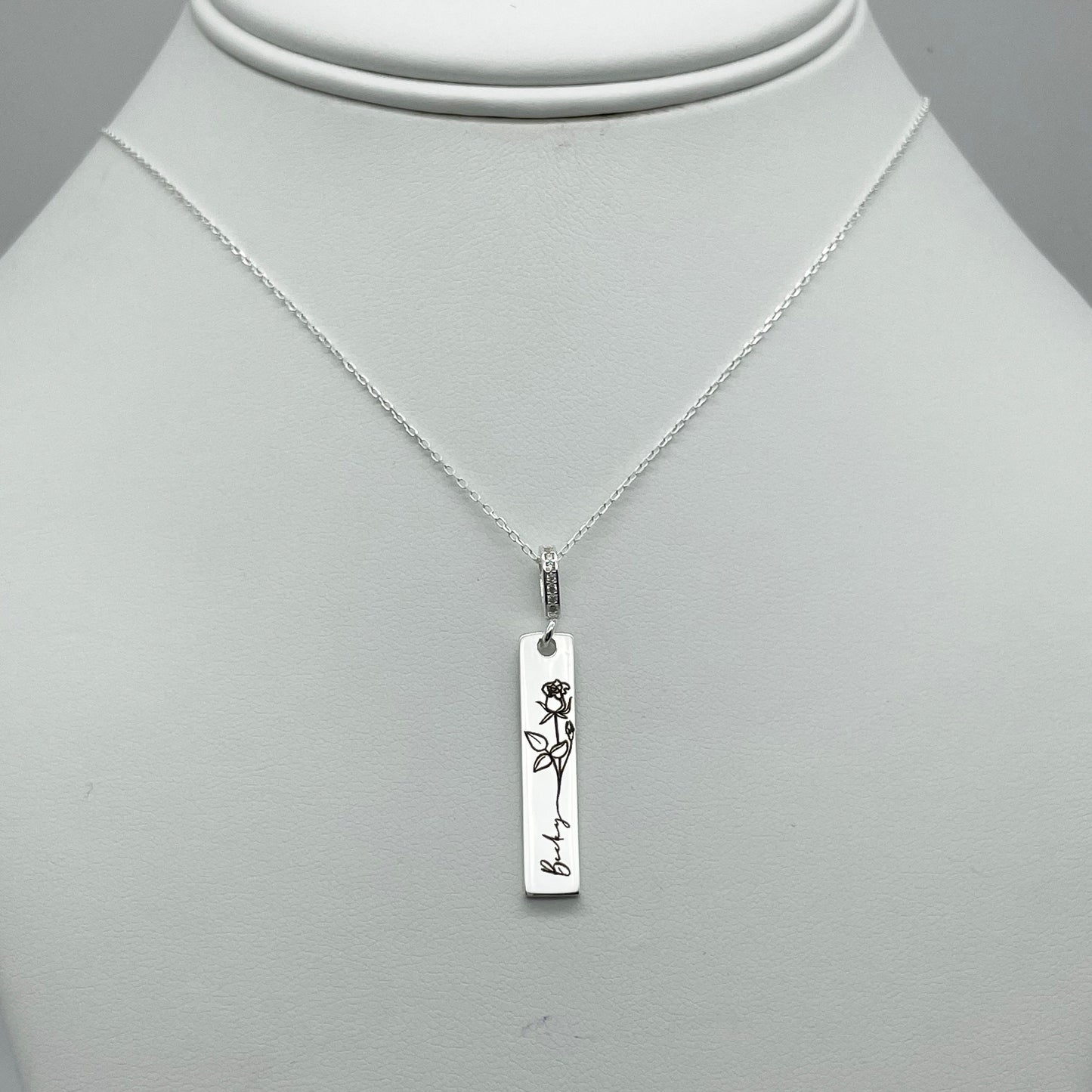 Custom Sterling Silver Square Charm, Personalized Birth Flower Engraved Charm with Sterling Silver Necklace.